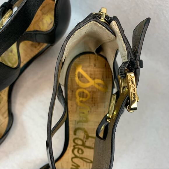 SAM EDELMAN Suzanna Leather Peep Toe Wedge Sandal Sz 8 Double Buckle Straps - Picture 6 of 13